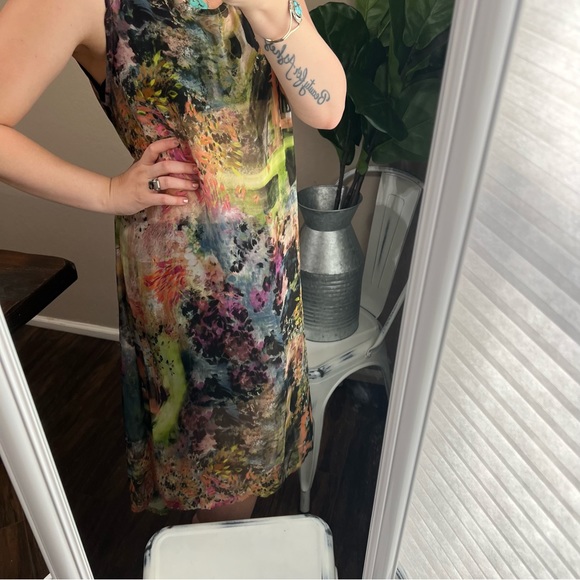 Bryn Walker Silk dress floral tie dye sheer shift Midi Dress Small NWT - Picture 3 of 17